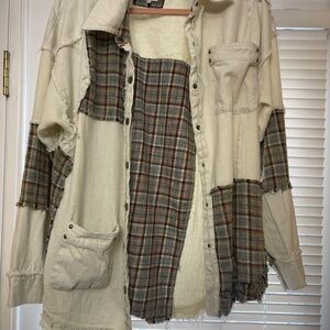 BKE Cream Coat with Brown & Blue Plaid Trim